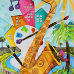 Heather Torres Art | Lush Life Saxophone | watercolor painting of saxophone in the city with paint and sun