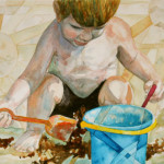 Heather Torres Art | Building Sun Castles | watercolor painting of toddler playing in the sand at the beach