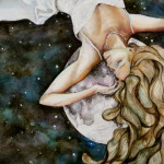 Heather Torres Art | Dreams and Musings | watercolor painting of woman laying on the moon with long flowing hair