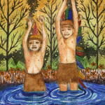 Heather Torres Art | Arrested in Make Believe | watercolor painting of two small boys dressed as indians with whimsical background