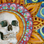 Heather Torres Art | Kaleidoscope of Horror | watercolor painting of skull with colorful whimsical background