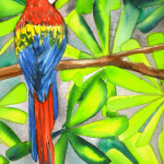 Heather Torres Art | Parrot Whimsy | watercolor painting of parrot and bright leaves
