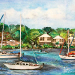 Heather Torres Art | St Johns Retreat | watercolor painting of boats off the coast of St. John island