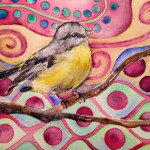 Heather Torres Art | Yellow Bird Whimsy | watercolor painting of yellow bird with background inspired by Klimt