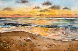 Soothing 15x22 inches Beach Sunset Watercolor Heather Torres Art