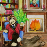 Heather Torres Art | Kazoo | watercolor painting of stuffed monkey wearing smoking jacket and drinking scotch with portrait of man over fireplace.