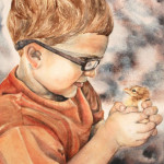 Heather Torres Art | At First Sight | watercolor painting of portrait of young boy holding a baby chicken
