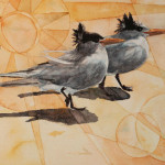 Heather Torres Art | Seagulls | watercolor painting of seagulls on the beach with geometric background