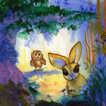 Heather Torres Art | Bunny Owl Fantasy | watercolor illustration of bird and rabbit in woods