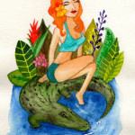 Heather Torres Art | Florida Girl and Her Gator | watercolor illustration of red head pin up girl on alligator