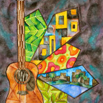 Heather Torres Art | Lush Life Guitar 1 | watercolor painting of guitar with colorful patterns and cityscape