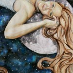 Heather Torres Art | Moon Struck | watercolor painting of woman with long hair laying on the moon, fantasy