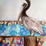 Heather Torres Art | Pelican Whimsy | watercolor painting of pelican with background inspired by Klimt