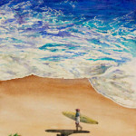 Heather Torres Art | Righteous Surf | watercolor painting of surfer walking on the beach with waves