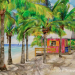 Heather Torres Art | Sojourning | watercolor painting of Grand Turk beach hut surrounded by palm trees