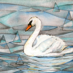 Heather Torres Art | Swan Whimsy | watercolor painting of swan swimming with abstract and triangle background