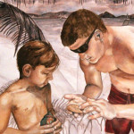 Heather Torres Art | The Sand Dollar | watercolor painting of portrait of boy and man looking at a sand dollar