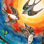 Heather Torres Art | Three Little Birds | watercolor painting of three sparrows flying with colorful sunny background
