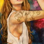 Heather Torres Art | Warrior of Love | watercolor portrait of woman with tattoo, halo, and arrow with colorful background