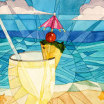 Heather Torres Art | Colada Rays | watercolor painting of pina colada by the ocean with geometric pattern
