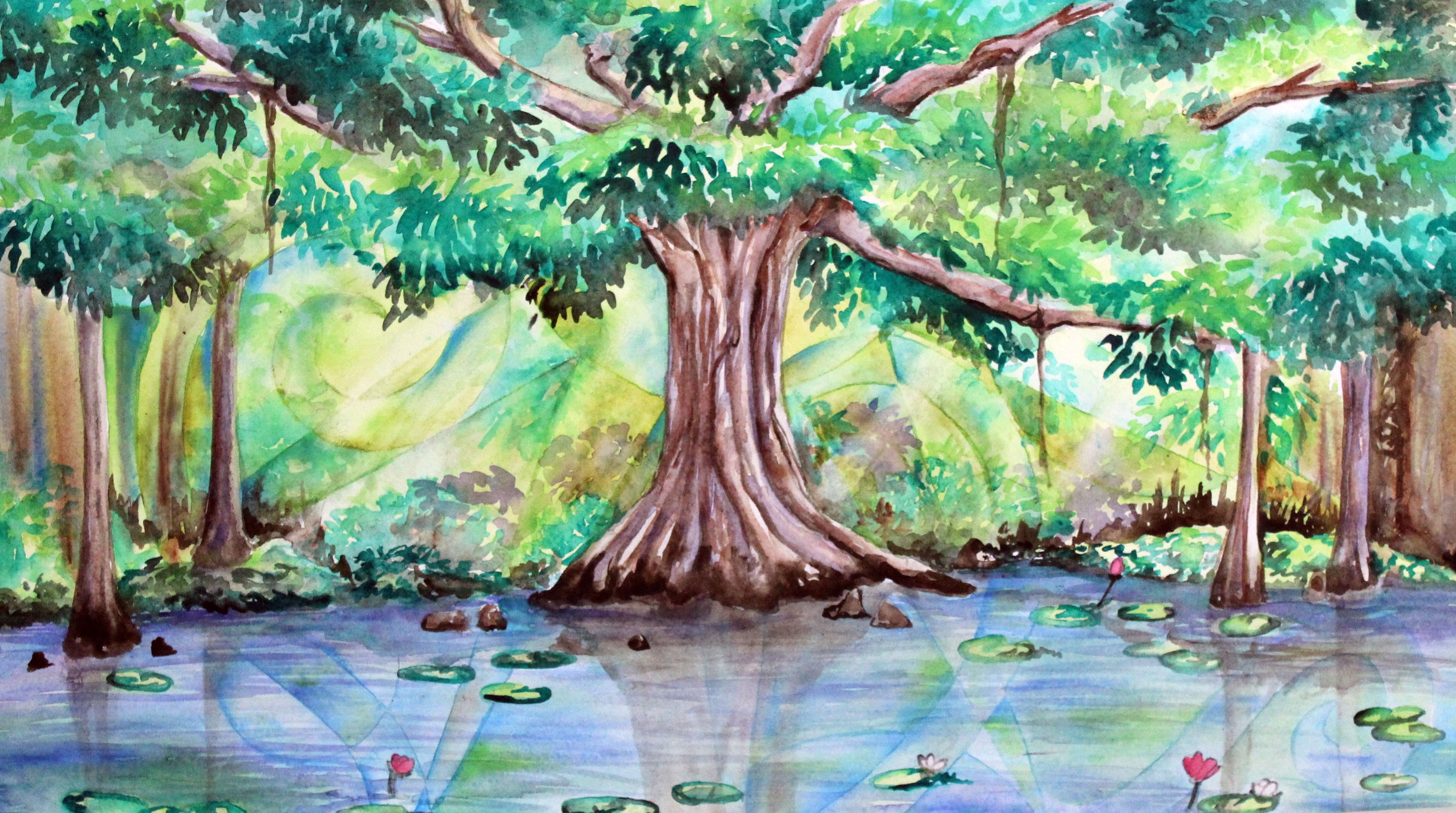 Cypress Tree watercolor, banyan tree watercolor, watercolor tree, Heather Torres Art, 