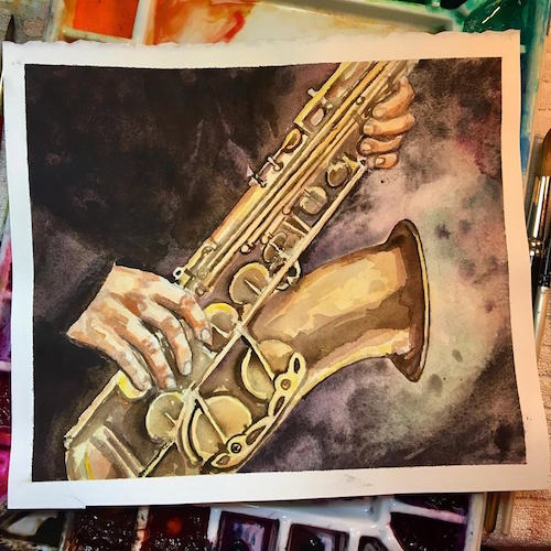saxophone watercolor painting