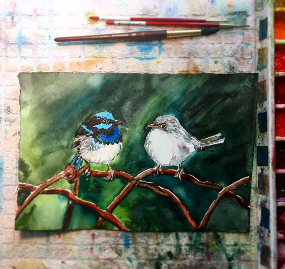 Blue Wren Birds Watercolor 